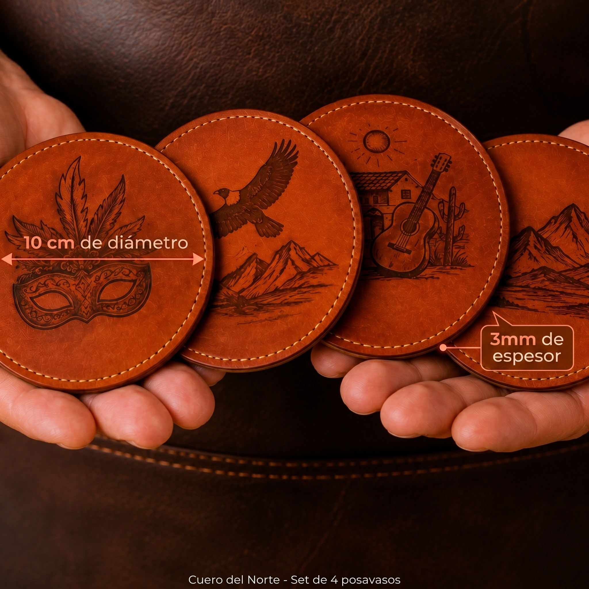 SET DE 4 POSAVASOS DE CUERO SALTEÑO CON PIROGRABADO