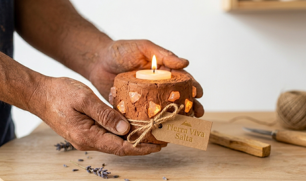 PORTA VELAS DE GREDA CON INCRUSTACIONES DE CUARZO - Imagen 2
