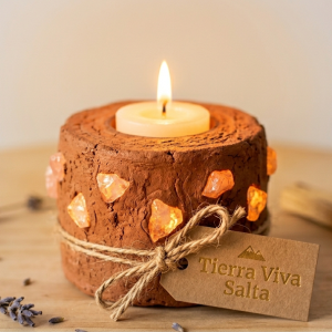 PORTA VELAS DE GREDA CON INCRUSTACIONES DE CUARZO