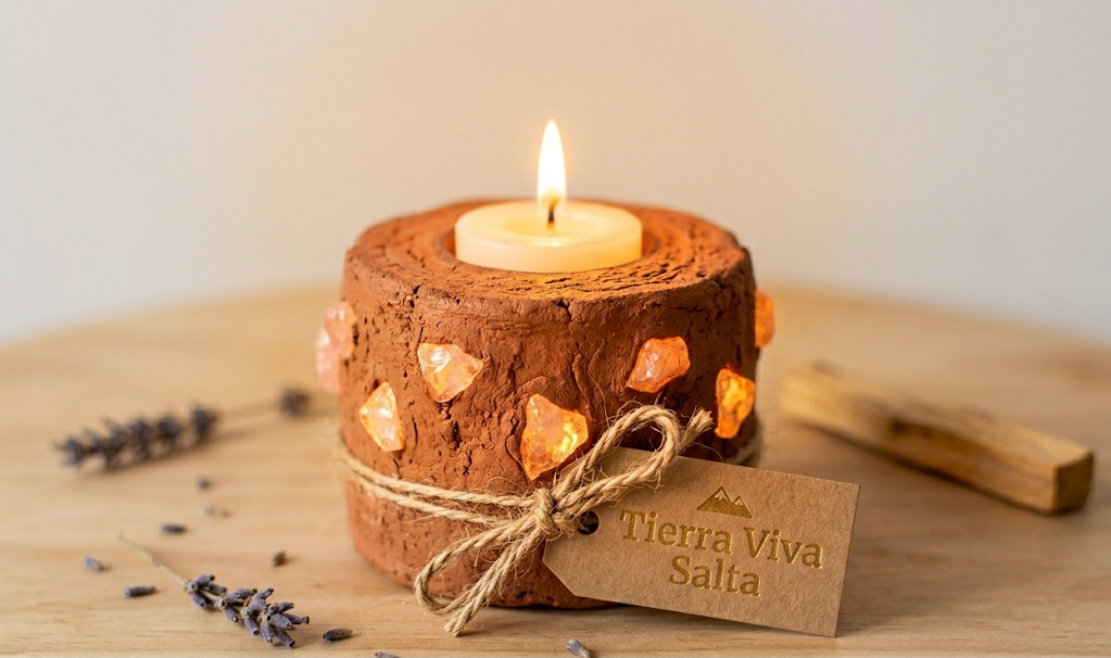 PORTA VELAS DE GREDA CON INCRUSTACIONES DE CUARZO