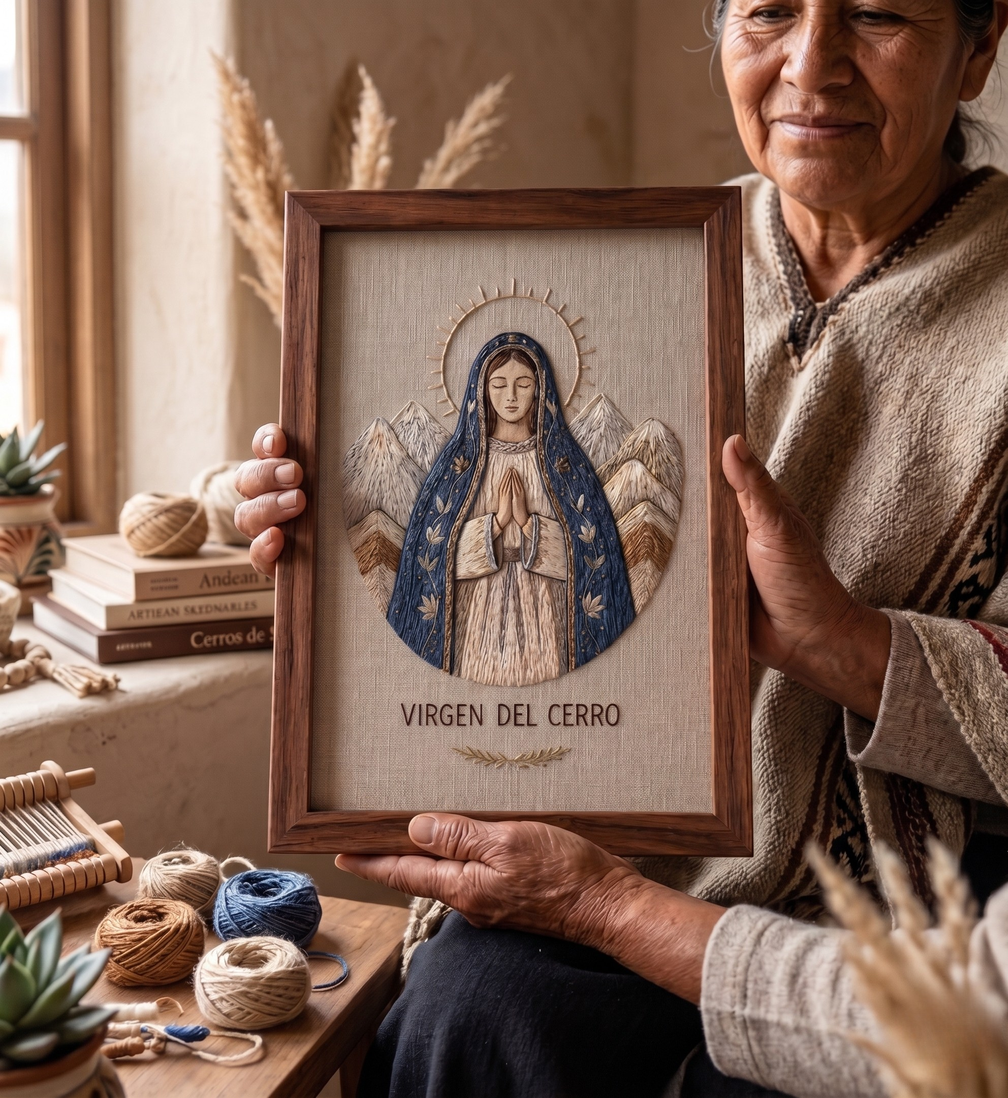 CUADRO BORDADO EN LANA DE LLAMA – VIRGEN DEL CERRO - Imagen 2
