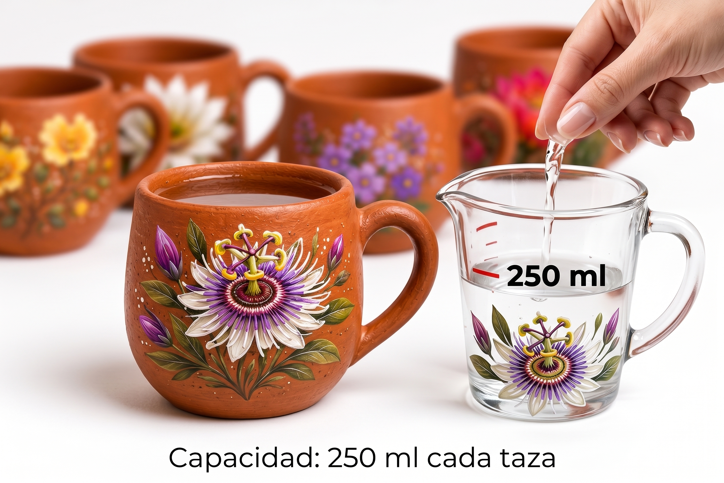 SET DE TAZAS DE GREDA PINTADAS A MANO X6 - Imagen 2