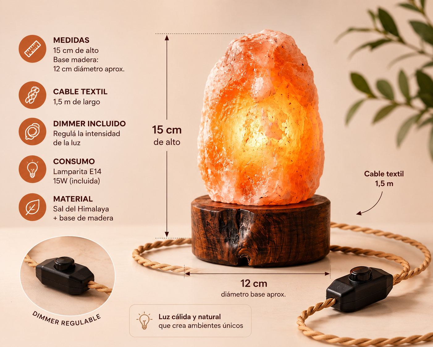 LÁMPARA DE SAL DEL CACHI + BASE DE QUEBRACHO ARTESANAL - Imagen 3